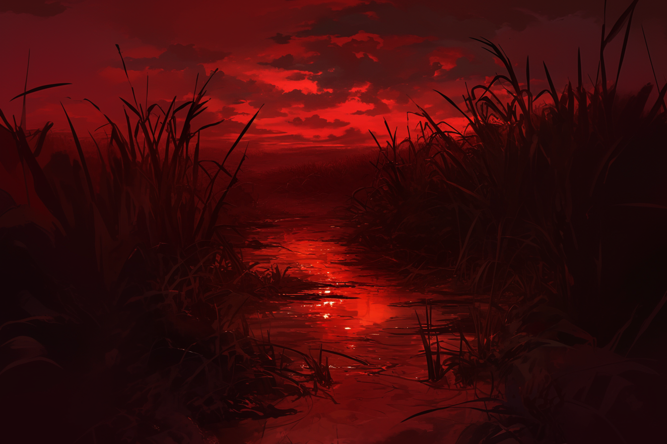 A dark, red sunset in the Red Marsh. Or maybe a sunrise? Hard to tell. Don't lose your way...